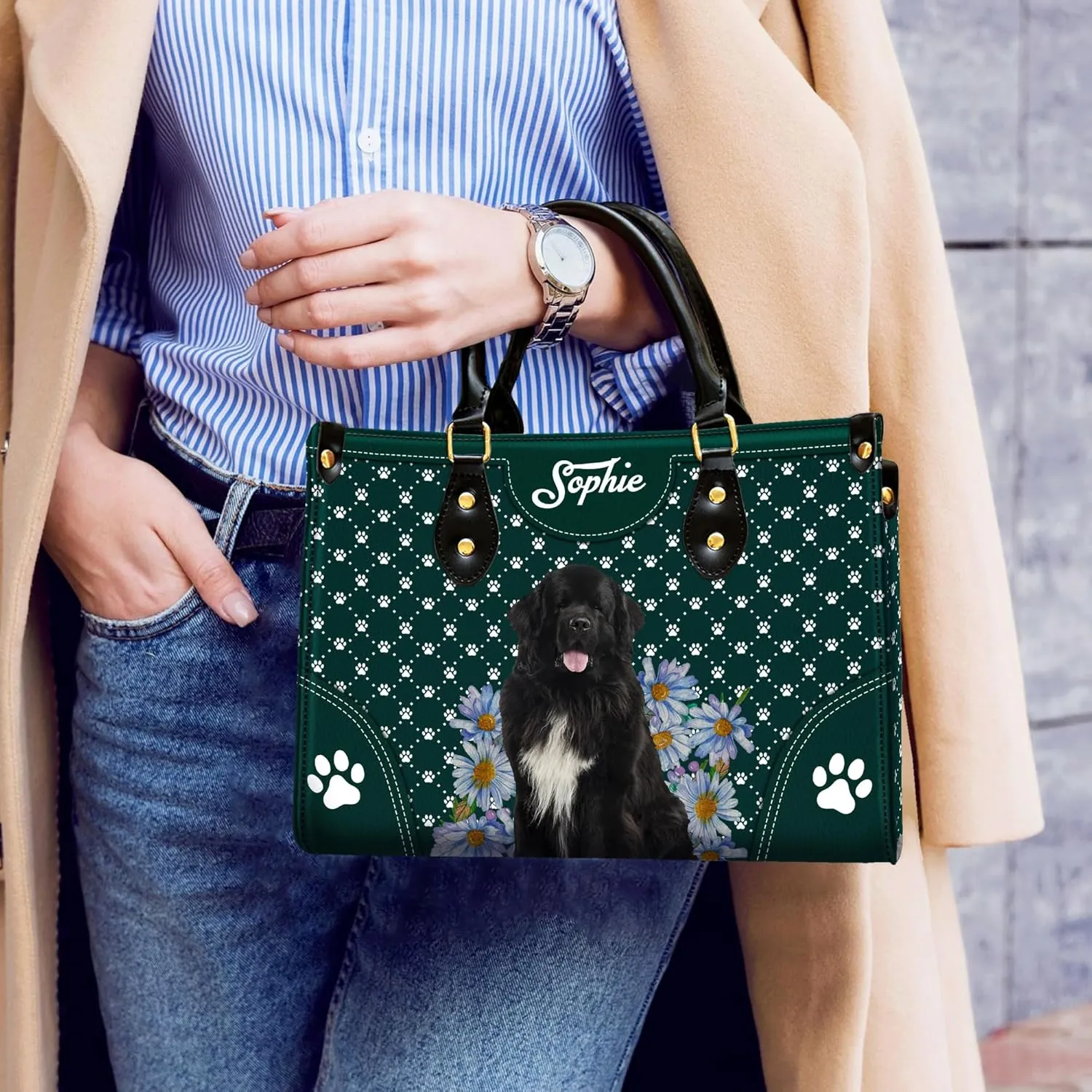 Personalized Newfoundland Dog Handbags, Custom Name Dog Leather Bags, Purses, Shoulder Bag, Gift For Dog Mom Dog Lover