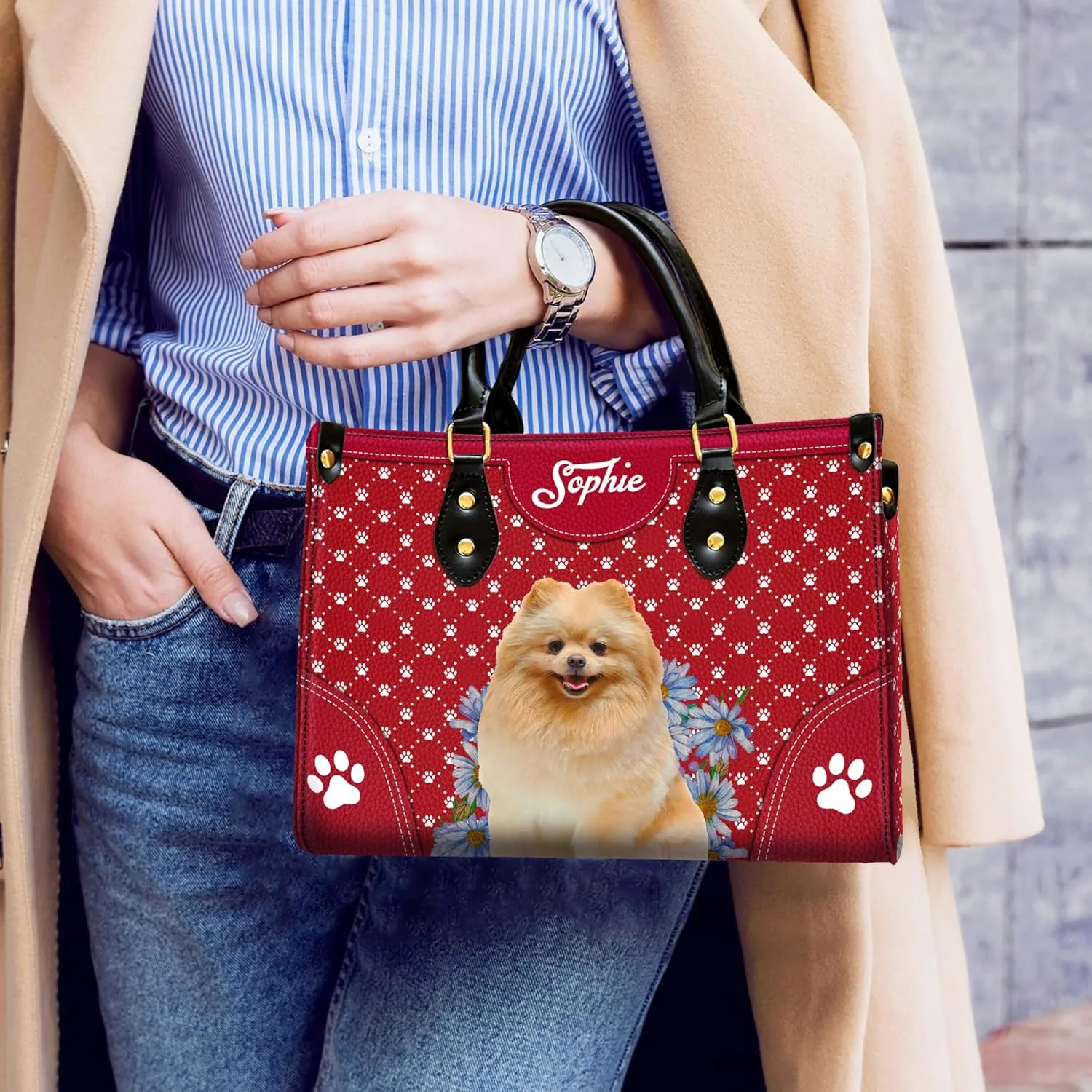 Personalized Pomeranian Dog Handbags, Custom Name Dog Leather Bags, Purses, Shoulder Bag, Gift For Dog Mom Dog Lover