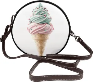 Pink And Mint Ice Cream Cone Women Round Crossbody Bags Leather Sling Bag Purse