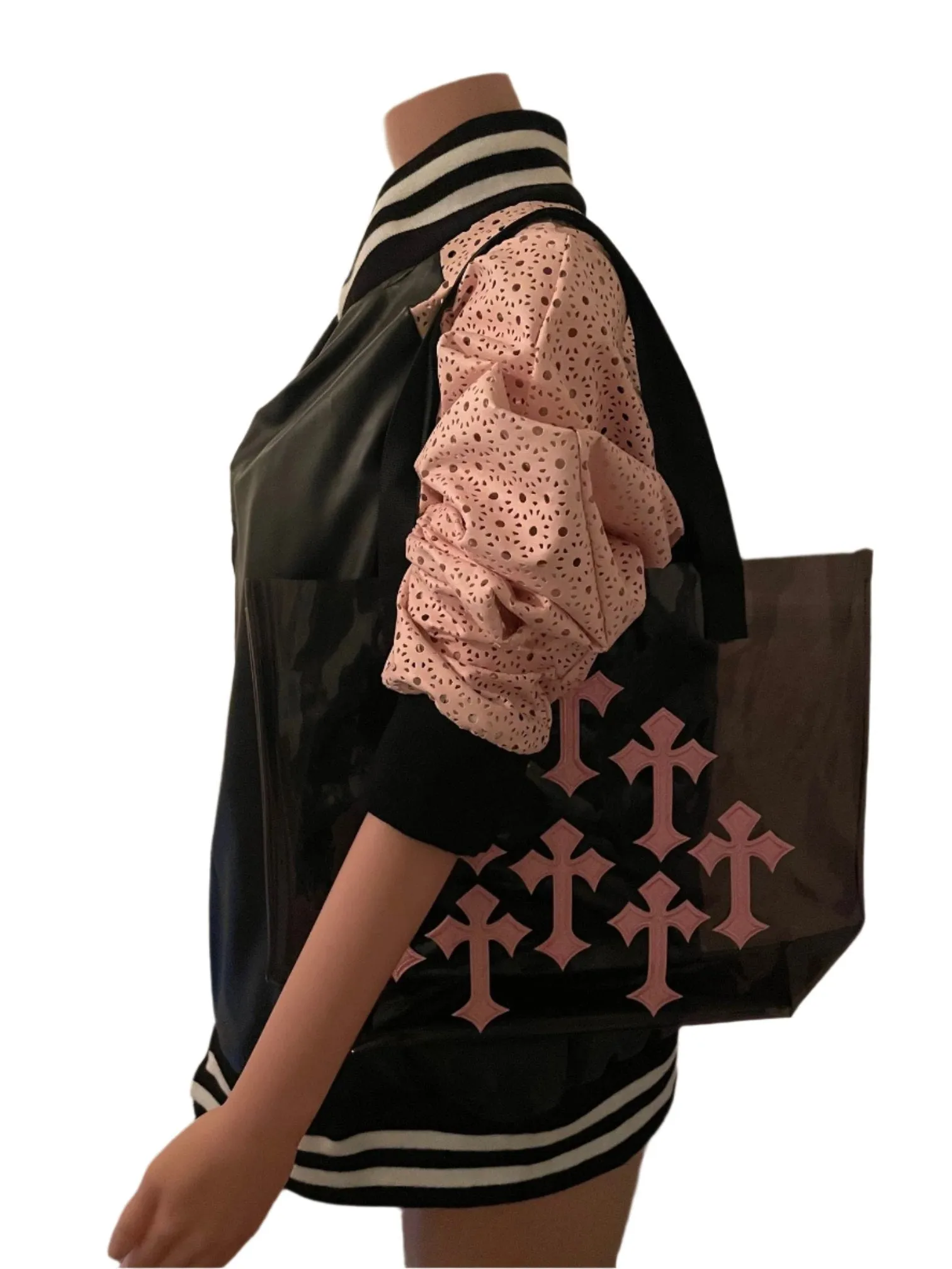 Pink Cross Holographic PVC Black Tote Bag