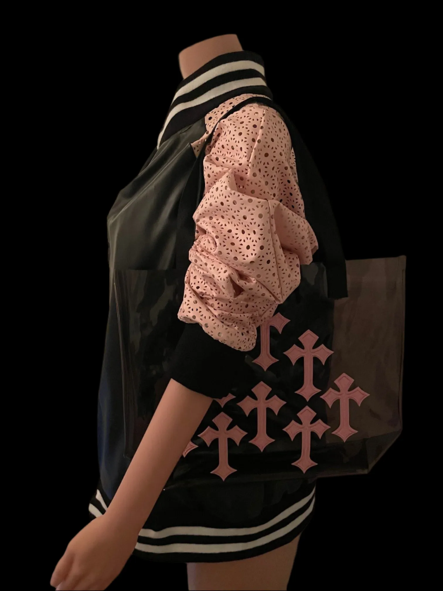Pink Cross Holographic PVC Black Tote Bag