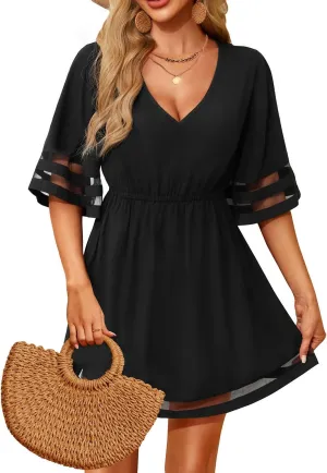 Pinup Fashion Swimsuit Beach Cover Ups Women - V Neck Short Sleeve Bathing Suit Coverup Summer Dress