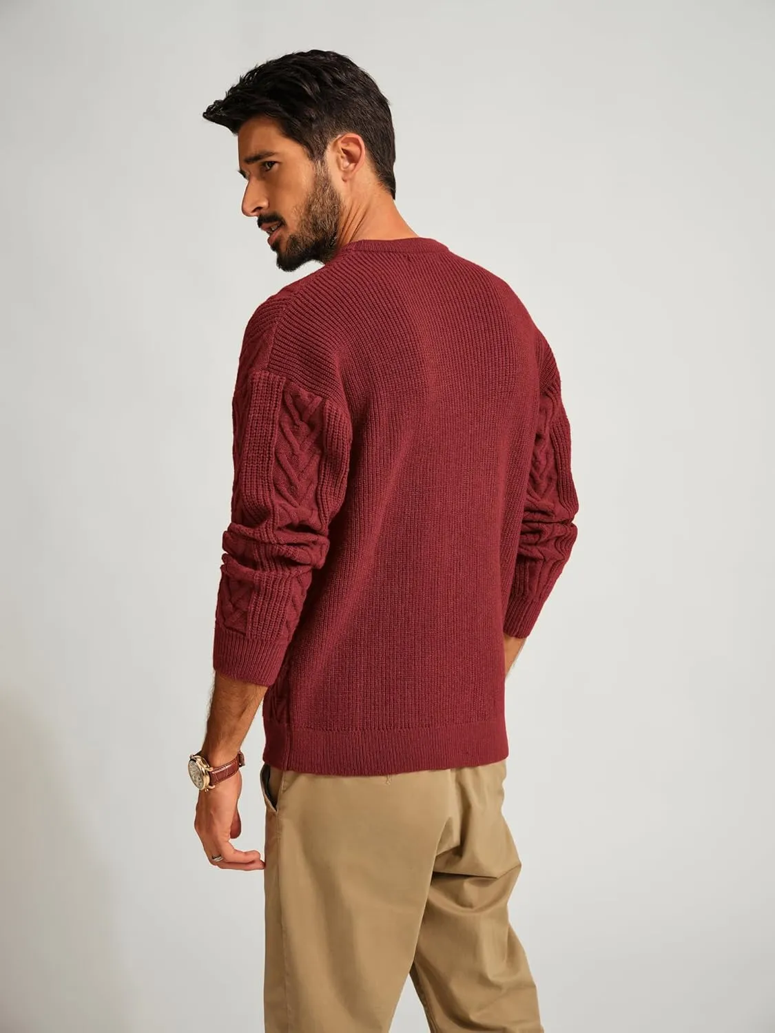 PJ PAUL JONES Mens Crewneck Sweater Casual Cable Knit Pullover Sweater Drop Shoulder Solid Knitted Sweaters