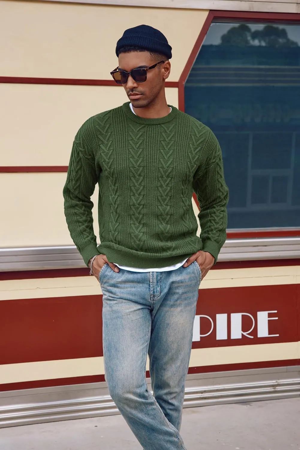 PJ PAUL JONES Mens Crewneck Sweater Casual Cable Knit Pullover Sweater Drop Shoulder Solid Knitted Sweaters