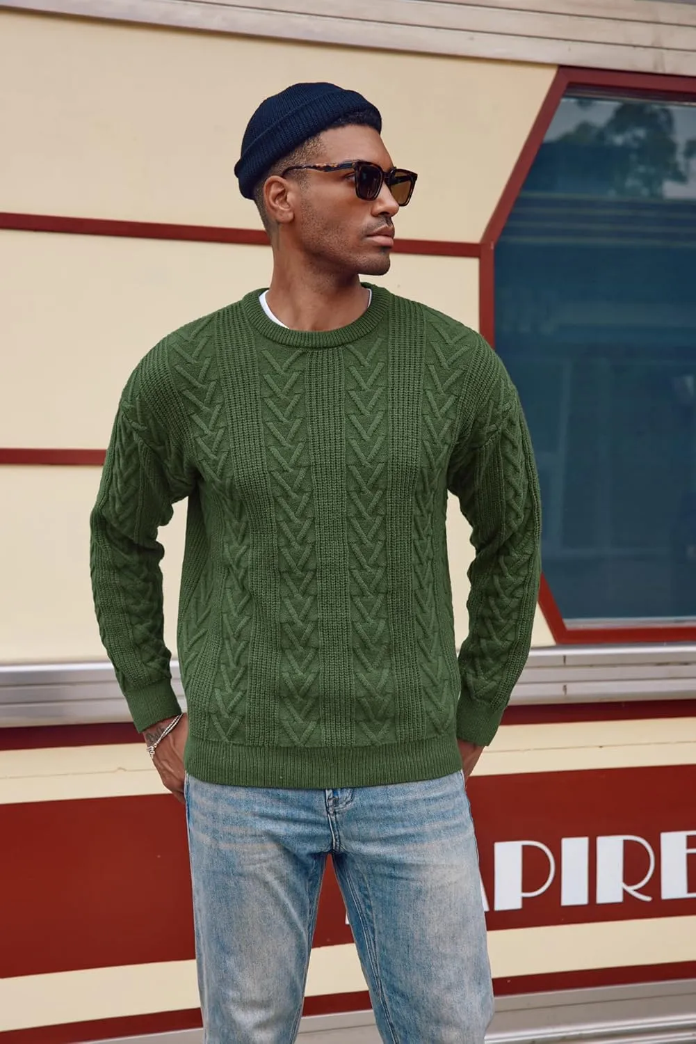 PJ PAUL JONES Mens Crewneck Sweater Casual Cable Knit Pullover Sweater Drop Shoulder Solid Knitted Sweaters