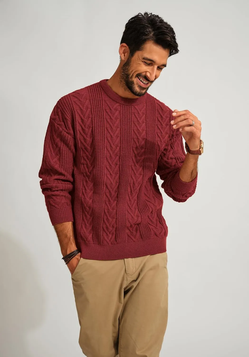 PJ PAUL JONES Mens Crewneck Sweater Casual Cable Knit Pullover Sweater Drop Shoulder Solid Knitted Sweaters