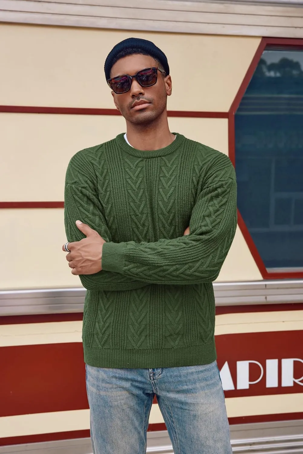 PJ PAUL JONES Mens Crewneck Sweater Casual Cable Knit Pullover Sweater Drop Shoulder Solid Knitted Sweaters
