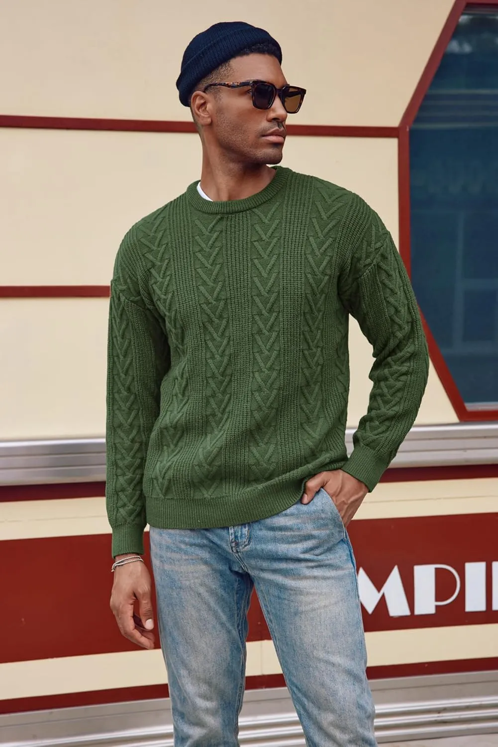PJ PAUL JONES Mens Crewneck Sweater Casual Cable Knit Pullover Sweater Drop Shoulder Solid Knitted Sweaters
