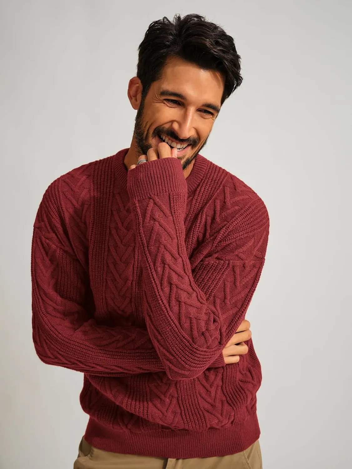 PJ PAUL JONES Mens Crewneck Sweater Casual Cable Knit Pullover Sweater Drop Shoulder Solid Knitted Sweaters