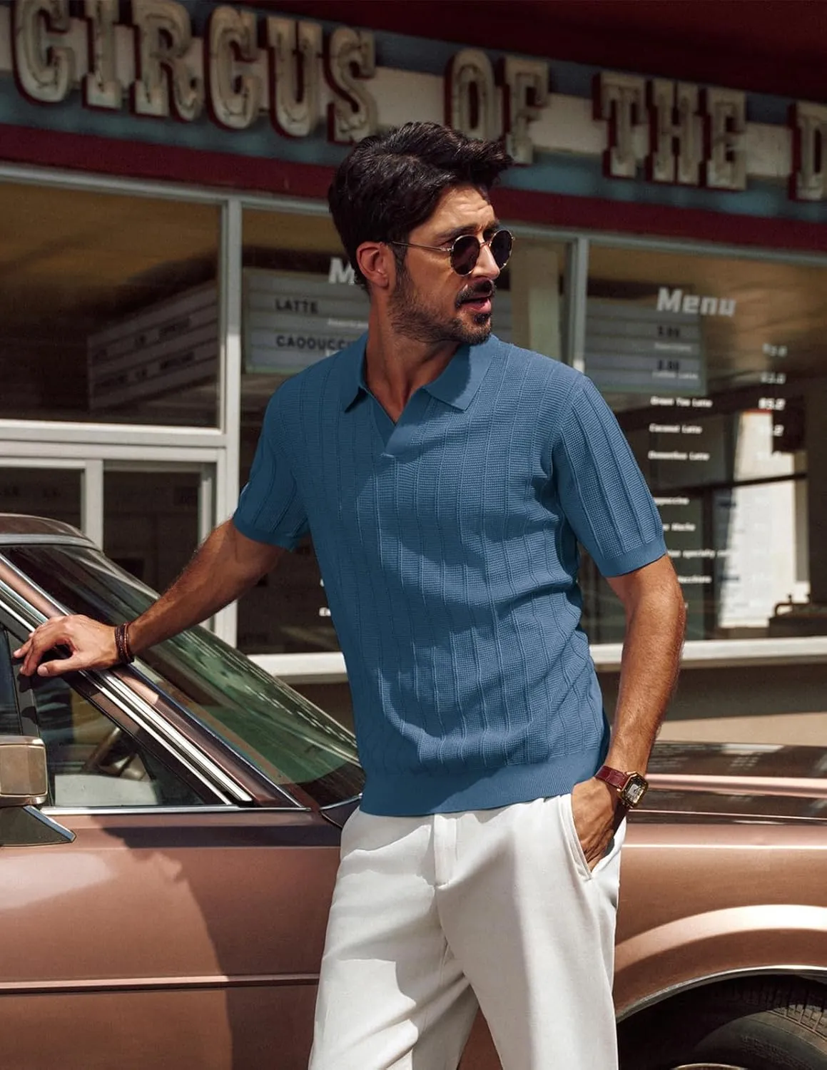 PJ PAUL JONES Mens Polo Shirts V-Neck Knit Polo Textured Summer Shirts