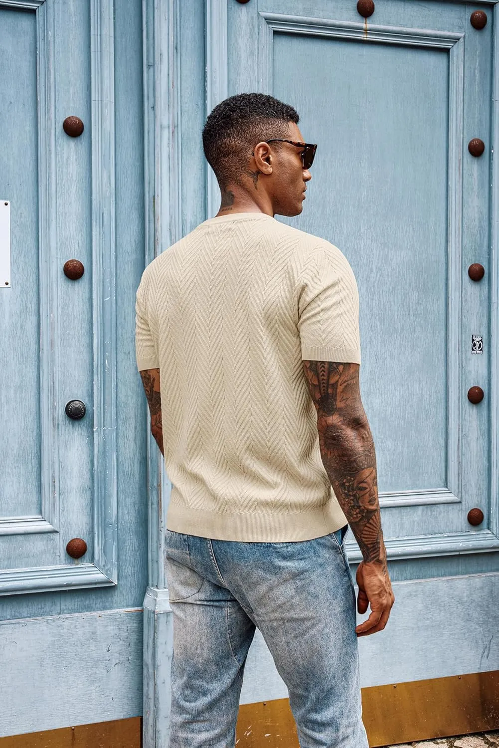 PJ PAUL JONES Men's Short Sleeve Knit T-Shirts Casual Crewneck Solid Texture Knit Shirt