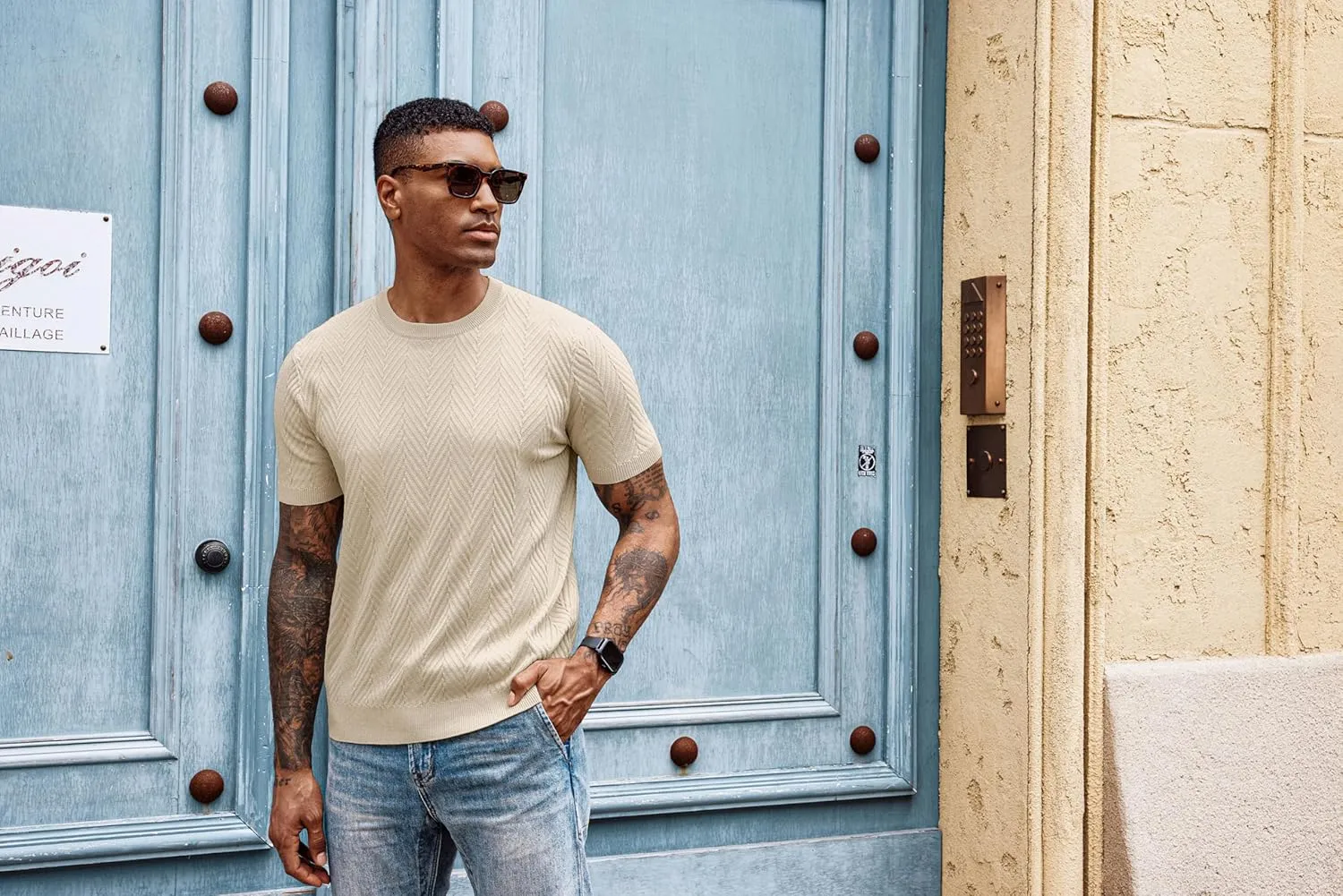 PJ PAUL JONES Men's Short Sleeve Knit T-Shirts Casual Crewneck Solid Texture Knit Shirt