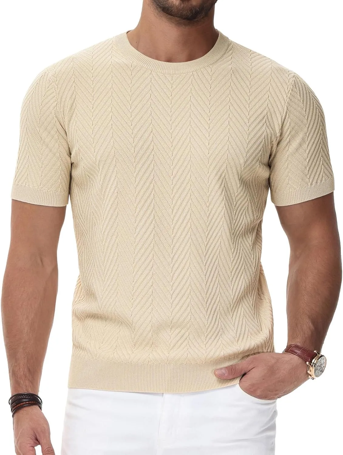 PJ PAUL JONES Men's Short Sleeve Knit T-Shirts Casual Crewneck Solid Texture Knit Shirt