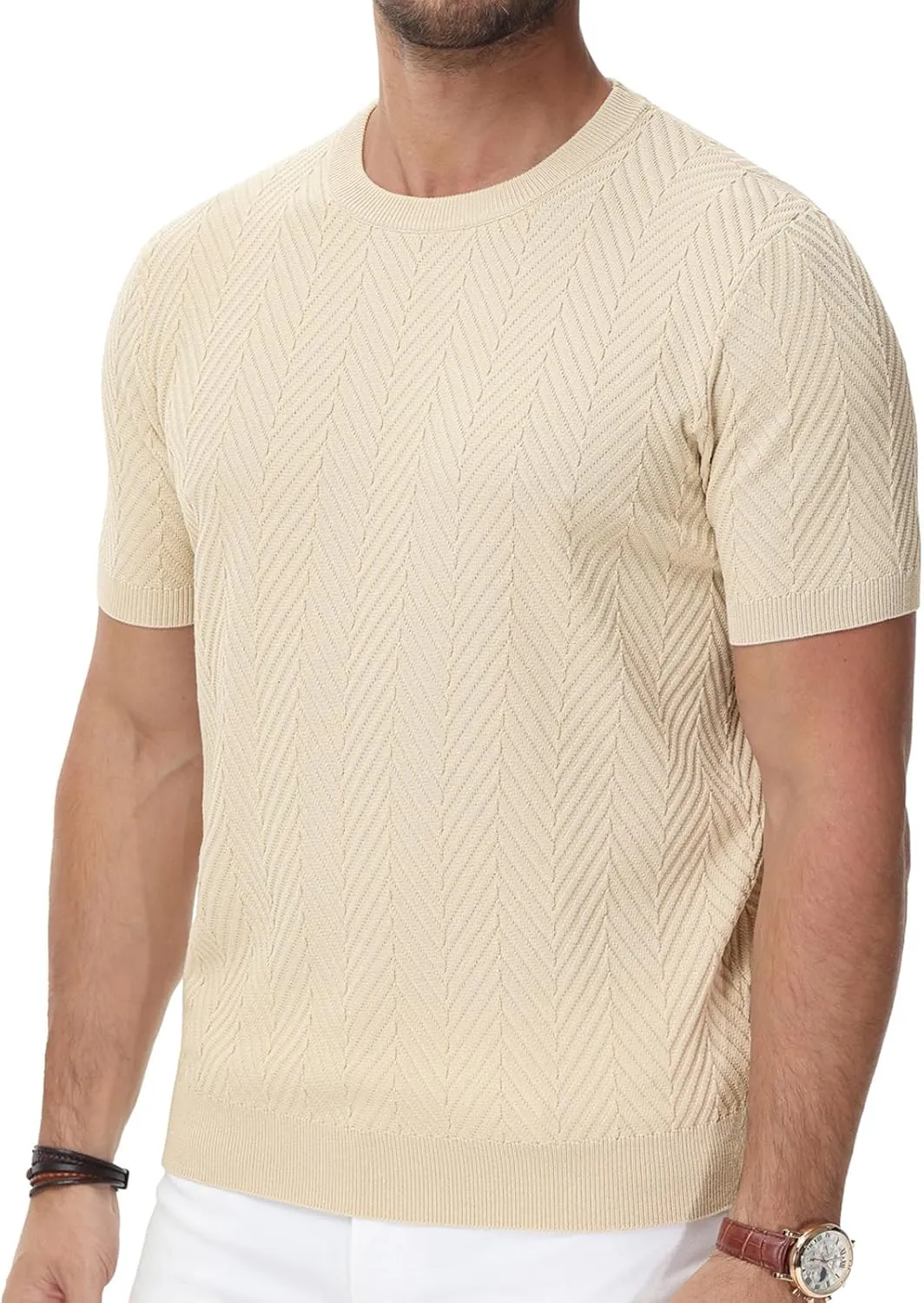 PJ PAUL JONES Men's Short Sleeve Knit T-Shirts Casual Crewneck Solid Texture Knit Shirt