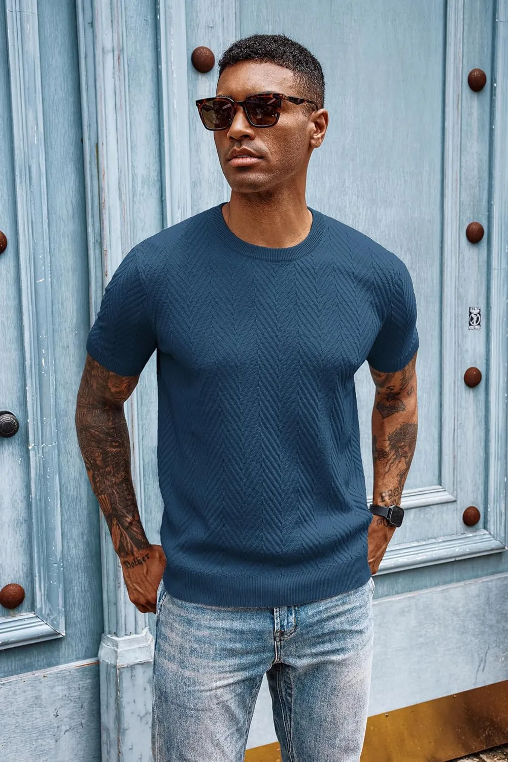 PJ PAUL JONES Men's Short Sleeve Knit T-Shirts Casual Crewneck Solid Texture Knit Shirt