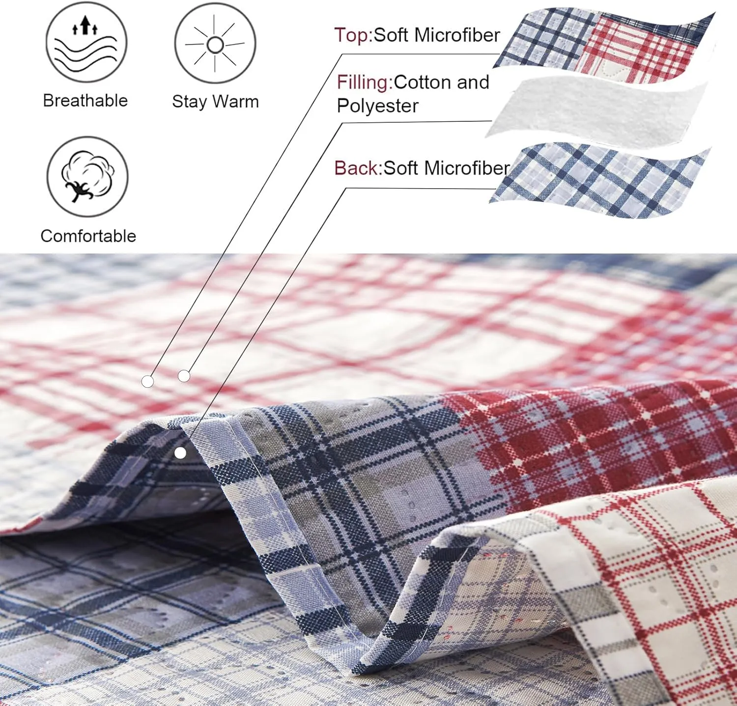 Plaid Quilt Set - Queen Size Patchwork Bedspread and Coverlet - Reversible, Soft Microfiber - All Season Boys Mens Bedspread in Red, Blue, White