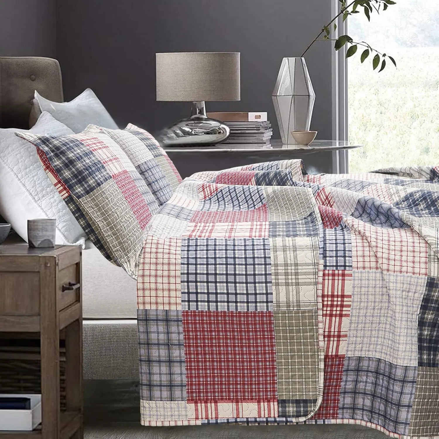 Plaid Quilt Set - Queen Size Patchwork Bedspread and Coverlet - Reversible, Soft Microfiber - All Season Boys Mens Bedspread in Red, Blue, White