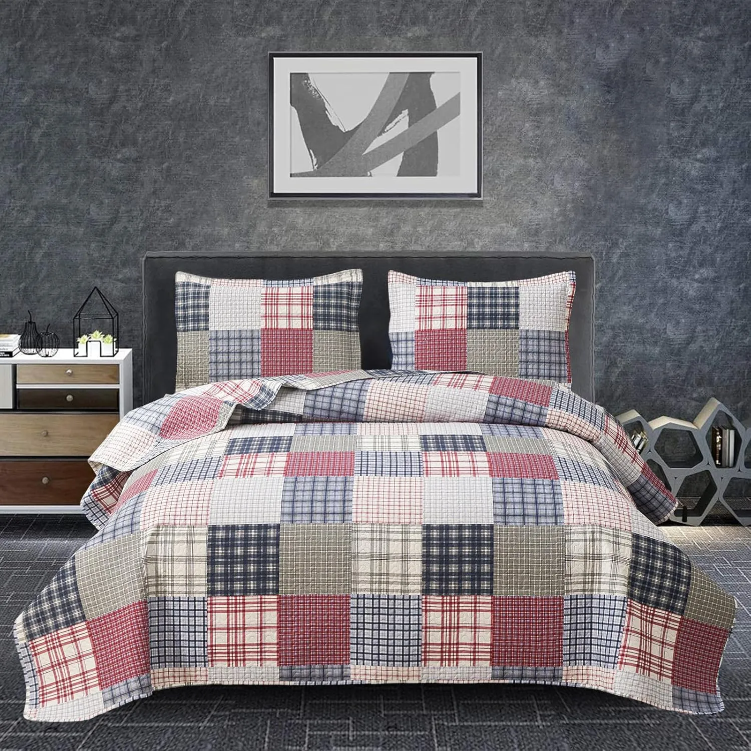 Plaid Quilt Set - Queen Size Patchwork Bedspread and Coverlet - Reversible, Soft Microfiber - All Season Boys Mens Bedspread in Red, Blue, White