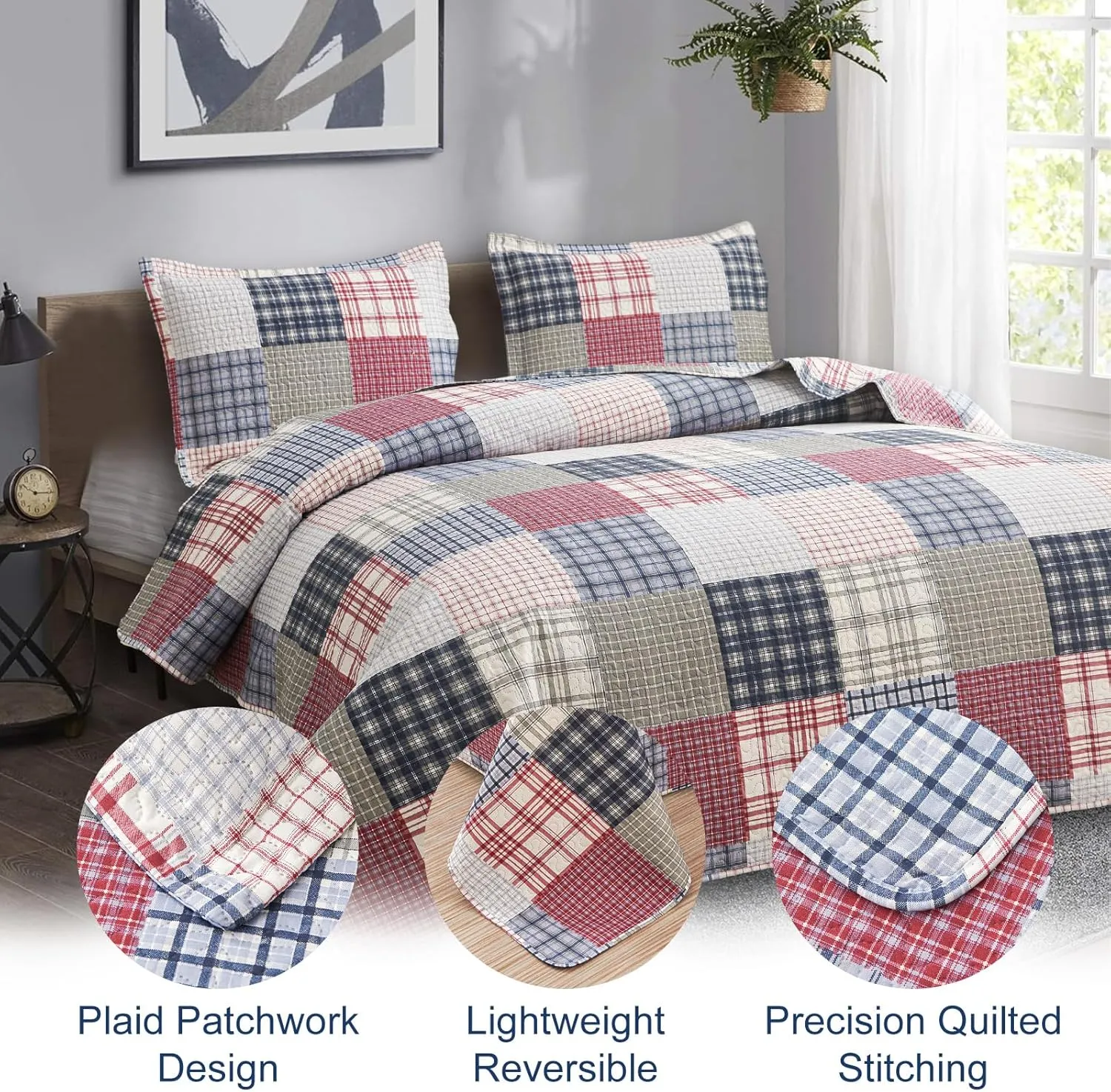 Plaid Quilt Set - Queen Size Patchwork Bedspread and Coverlet - Reversible, Soft Microfiber - All Season Boys Mens Bedspread in Red, Blue, White