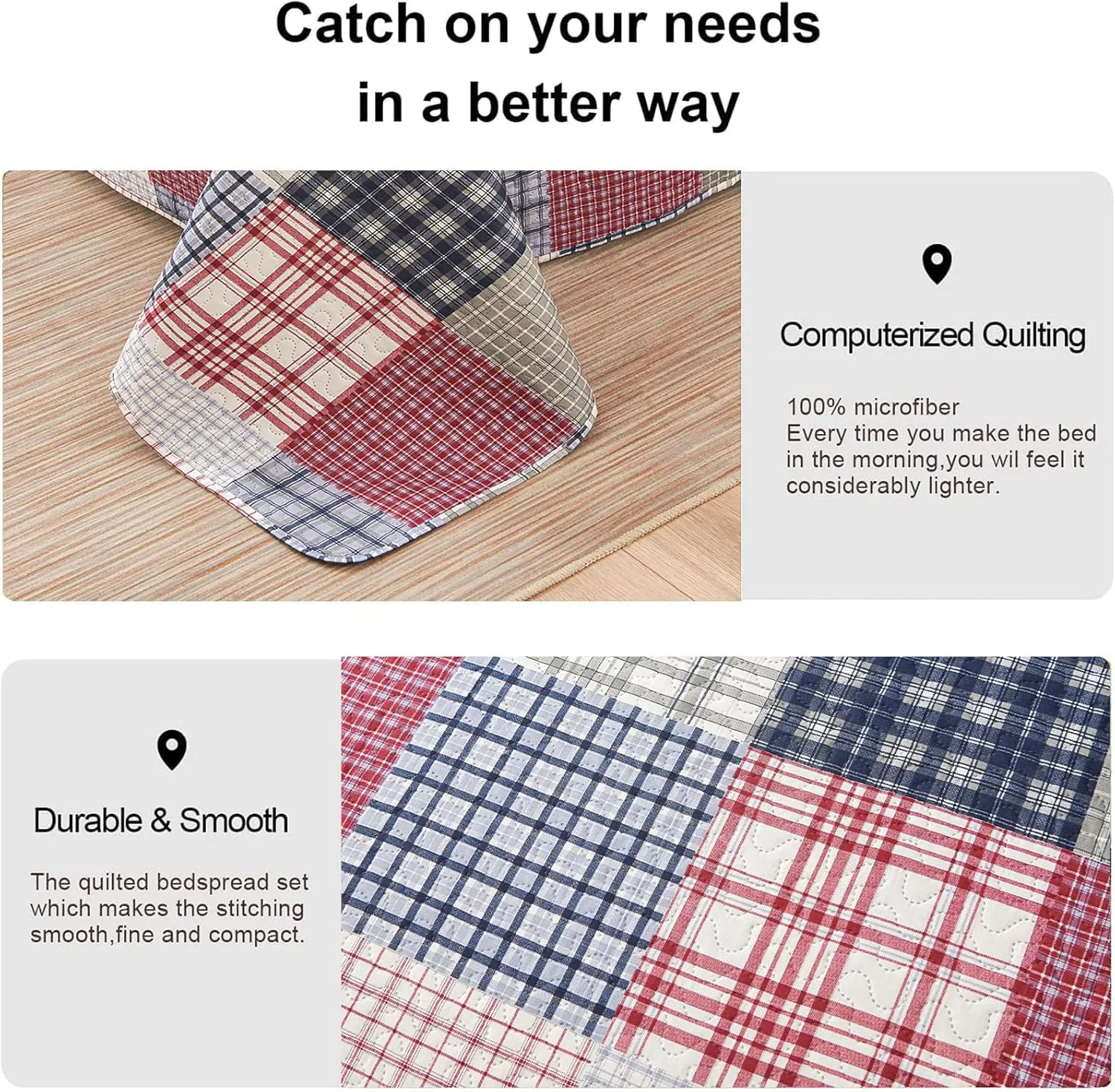 Plaid Quilt Set - Queen Size Patchwork Bedspread and Coverlet - Reversible, Soft Microfiber - All Season Boys Mens Bedspread in Red, Blue, White