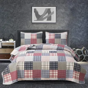 Plaid Quilt Set - Queen Size Patchwork Bedspread and Coverlet - Reversible, Soft Microfiber - All Season Boys Mens Bedspread in Red, Blue, White