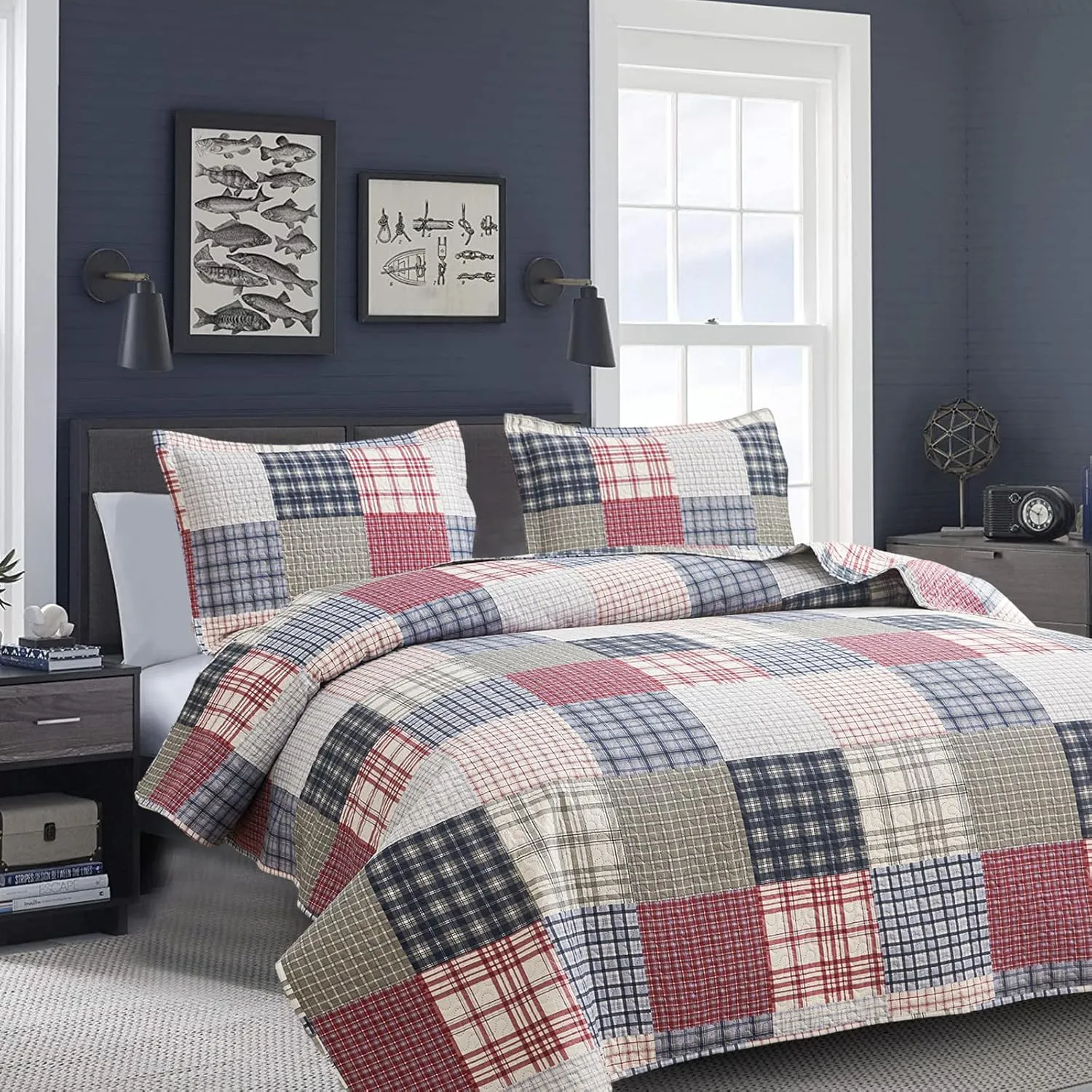 Plaid Quilt Set - Queen Size Patchwork Bedspread and Coverlet - Reversible, Soft Microfiber - All Season Boys Mens Bedspread in Red, Blue, White