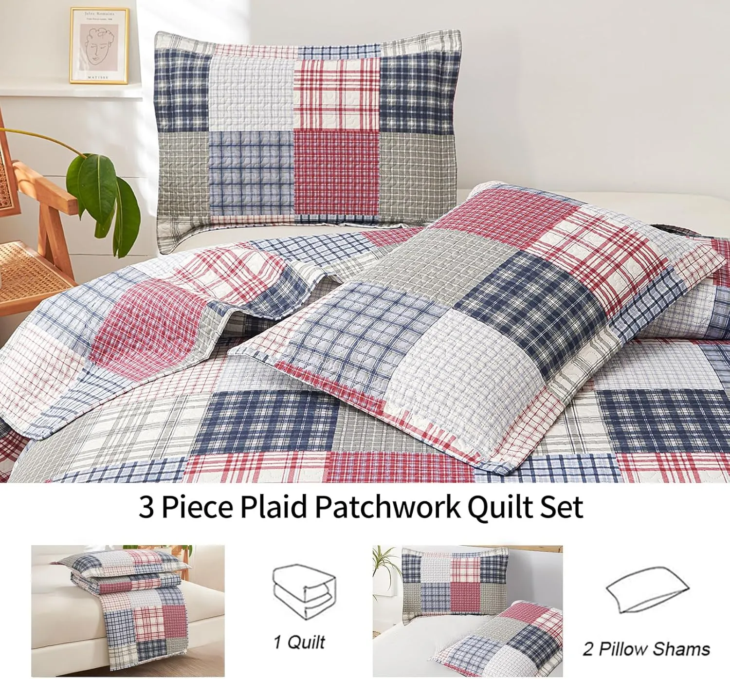 Plaid Quilt Set - Queen Size Patchwork Bedspread and Coverlet - Reversible, Soft Microfiber - All Season Boys Mens Bedspread in Red, Blue, White