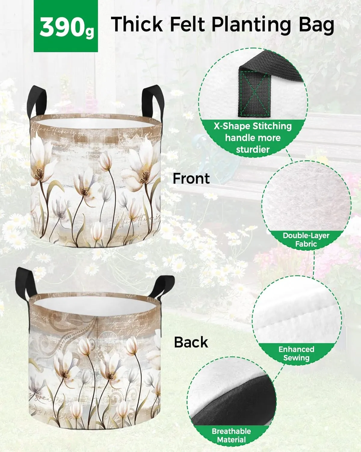 Plant Grow Bag Farm Aesthetic Flowers Botanical 5 Gallon Grow Bags,Fabric Breathable Garden Plant Pots with Handles,Retro Pastoral Style Flower Grow Bag for Tomato Vegetable Flower