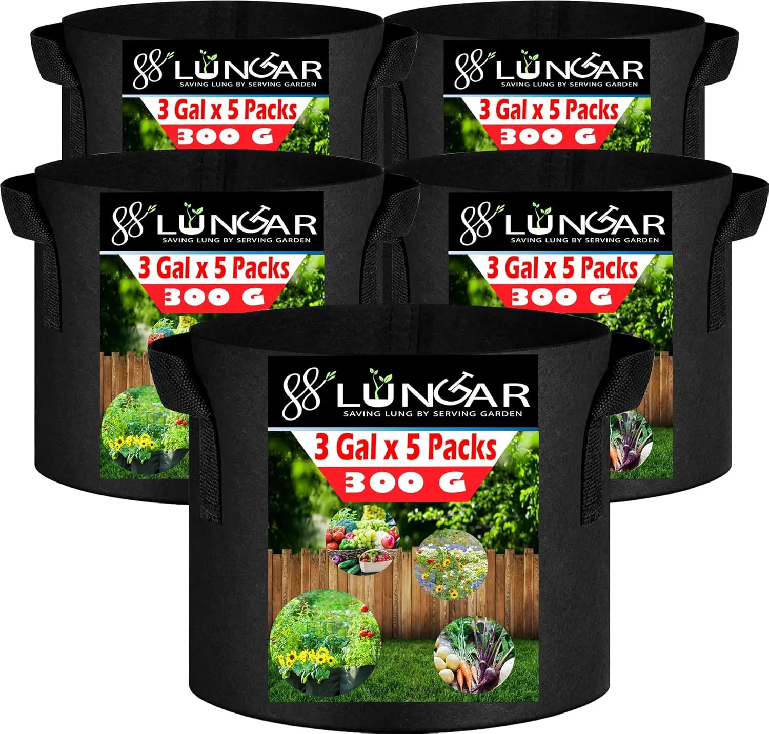 Plant Grow Bags - 3 Gallon 5 Packs Planter Pot, Thickest Aeration 300G Non-Woven Fabric, Reinforced Handles for Weatherproof Nursery Pot, Enhanced Double Seam