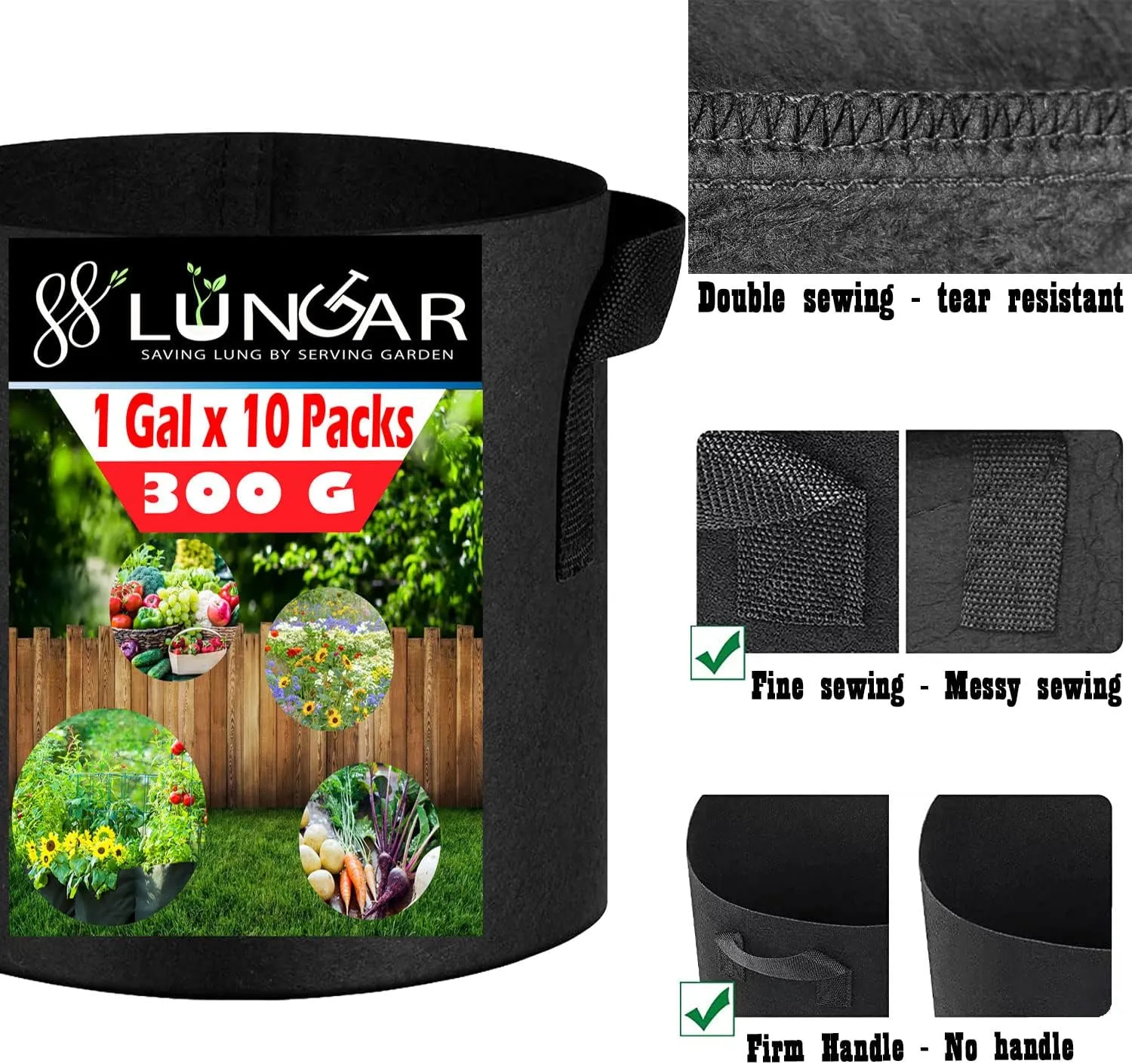 Plant Grow Bags - 3 Gallon 5 Packs Planter Pot, Thickest Aeration 300G Non-Woven Fabric, Reinforced Handles for Weatherproof Nursery Pot, Enhanced Double Seam