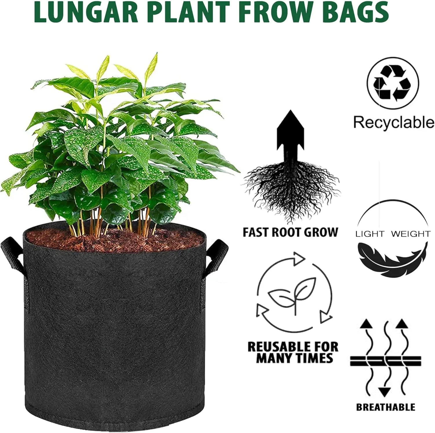 Plant Grow Bags - 3 Gallon 5 Packs Planter Pot, Thickest Aeration 300G Non-Woven Fabric, Reinforced Handles for Weatherproof Nursery Pot, Enhanced Double Seam