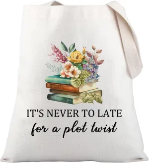 PLITI Book Lover Tote Bag For Women Bookworm Librarian Teacher Reading Gift It's Never To Late For a Plot Twist Shoulder Bag