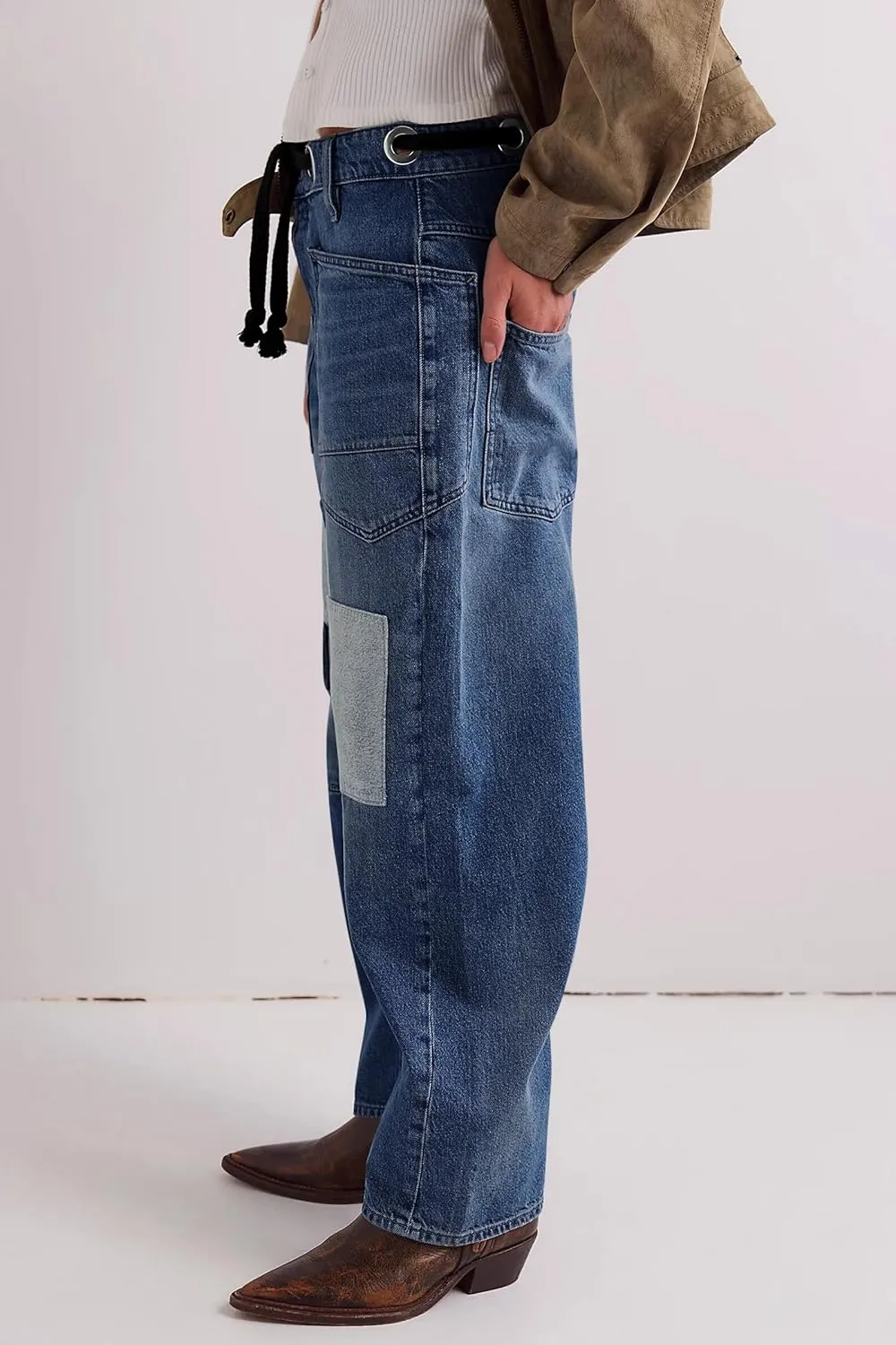 PLNOTME Womens Baggy Barrel Horseshoe Jeans Wide Leg Patchwork Low Rise Denim Pants with Pockets