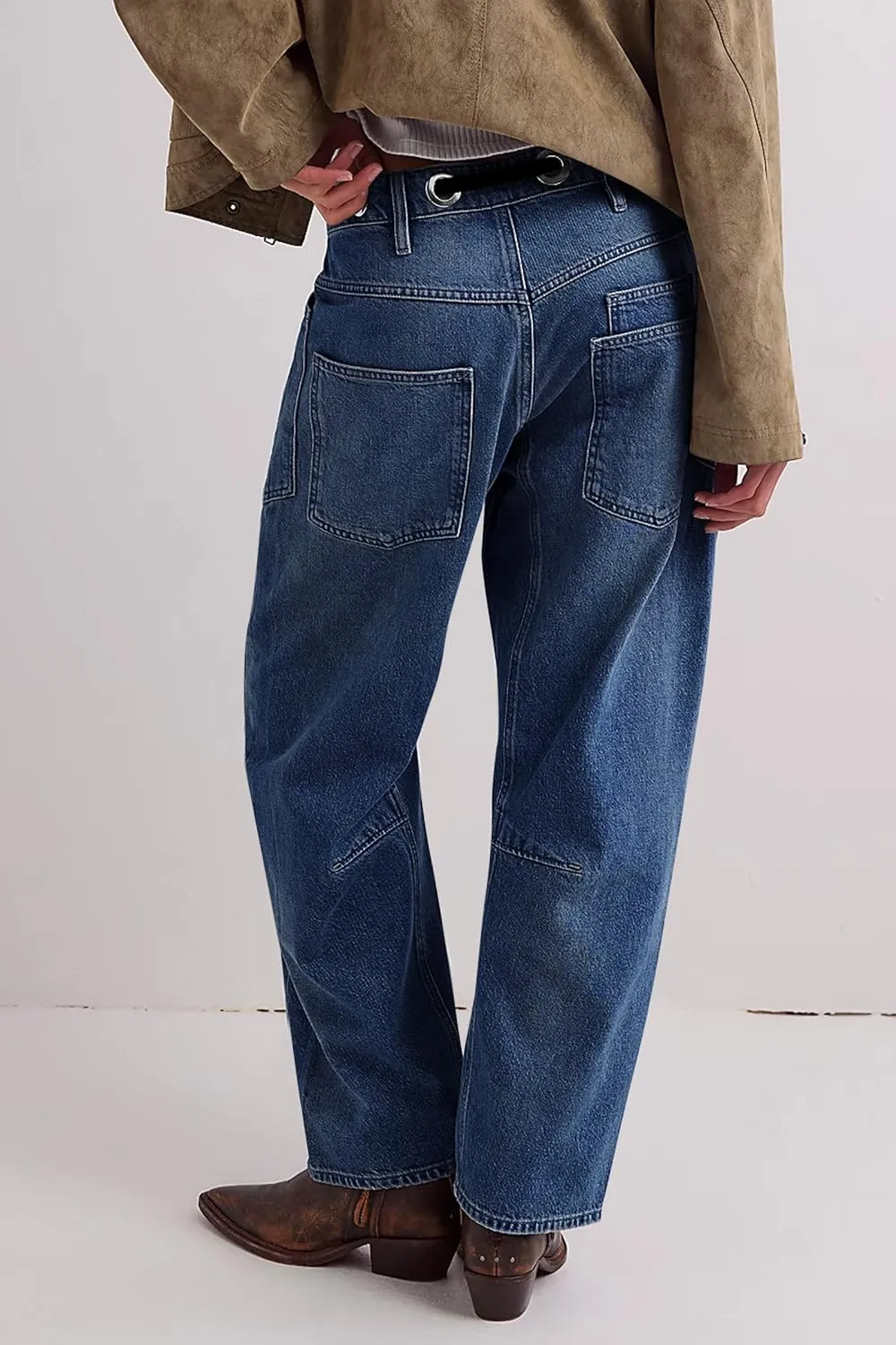 PLNOTME Womens Baggy Barrel Horseshoe Jeans Wide Leg Patchwork Low Rise Denim Pants with Pockets