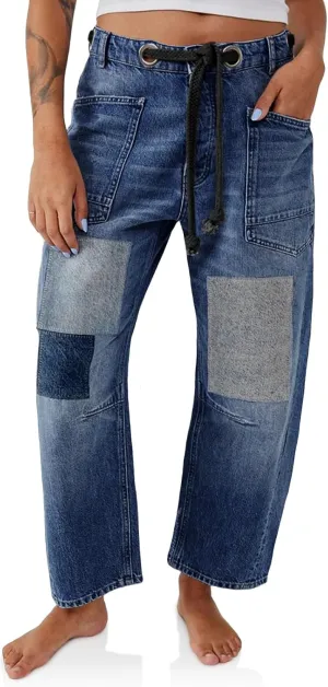 PLNOTME Womens Baggy Barrel Horseshoe Jeans Wide Leg Patchwork Low Rise Denim Pants with Pockets
