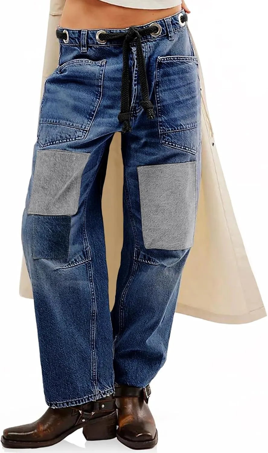 PLNOTME Womens Baggy Barrel Horseshoe Jeans Wide Leg Patchwork Low Rise Denim Pants with Pockets