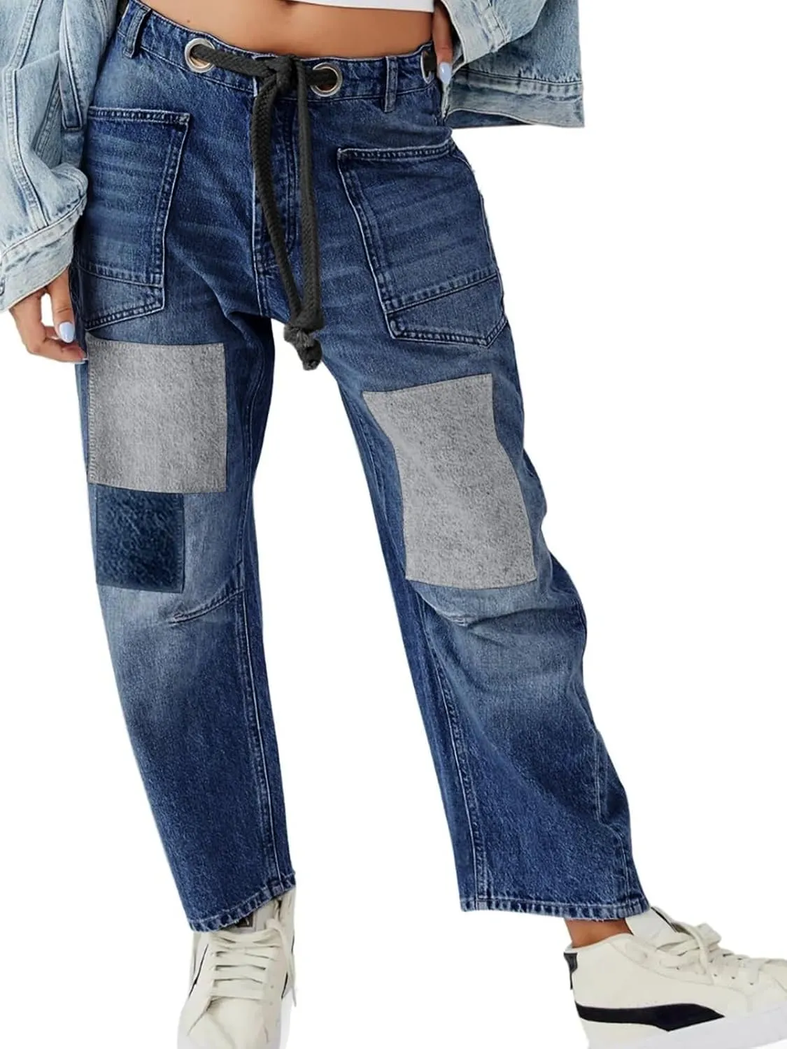 PLNOTME Womens Baggy Barrel Horseshoe Jeans Wide Leg Patchwork Low Rise Denim Pants with Pockets