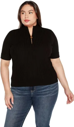 Plus Size Lightweight Knit Short Sleeve Half Zip Dressy Tops for Women Black