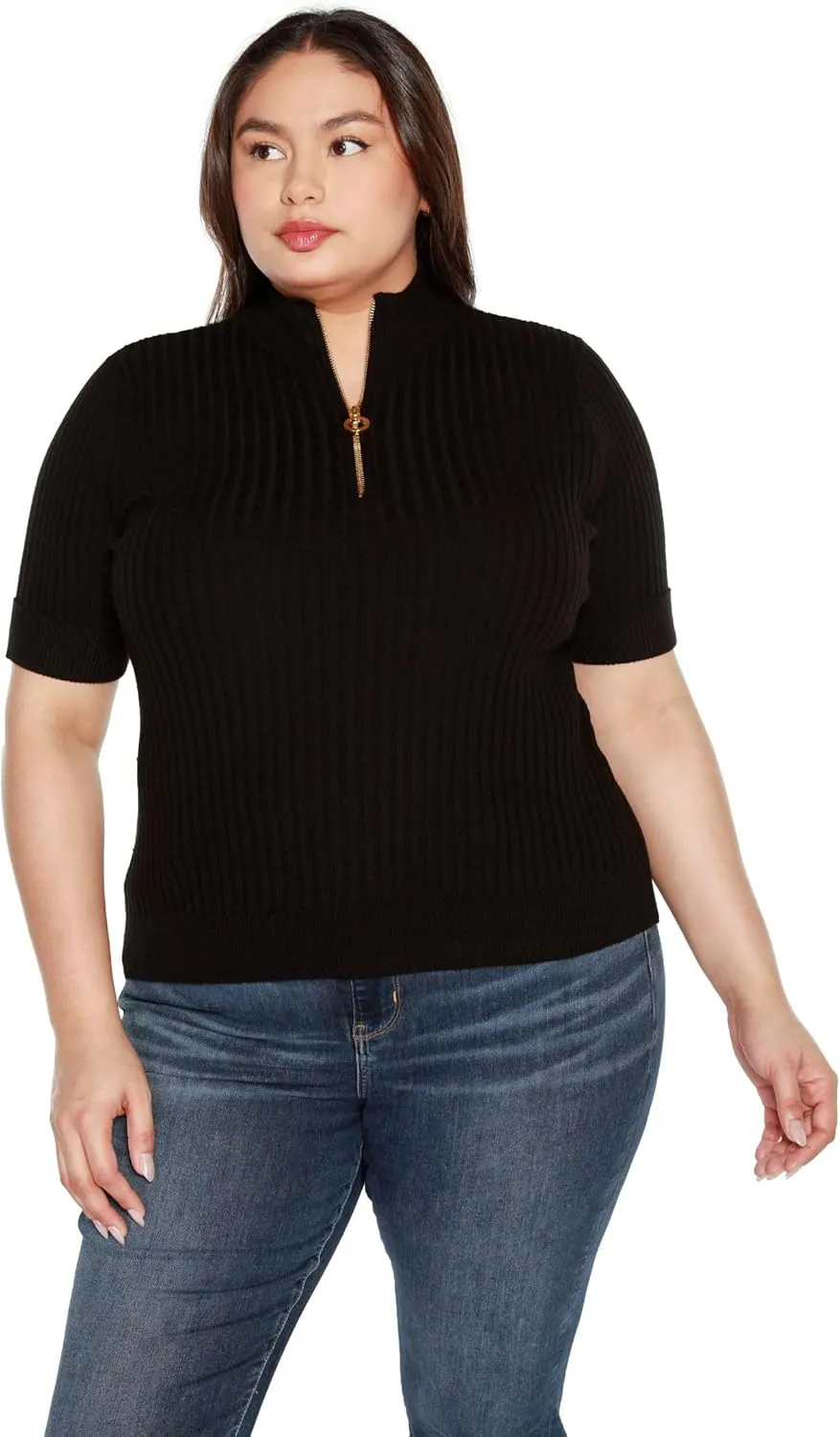 Plus Size Lightweight Knit Short Sleeve Half Zip Dressy Tops for Women Black