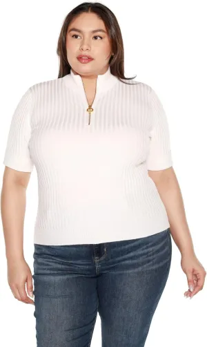 Plus Size Lightweight Knit Short Sleeve Half Zip Dressy Tops for Women White