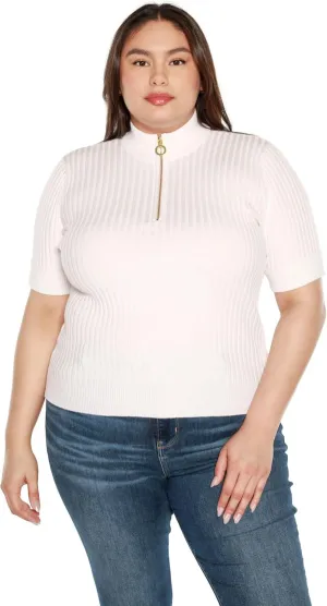 Plus Size Lightweight Knit Short Sleeve Half Zip Dressy Tops for Women White