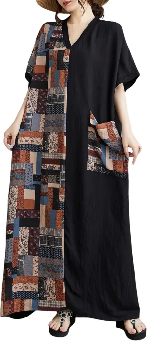 Plus Size Patchwork V-Neck Short Sleeve Dress Unique Artistic Print Casual Loose Vacation Summer Dress with Pockets