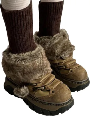 Plush Furry Leg Warmers for Women Winter Ribbed Knitted Patchwork Boot Toppers Fuzzy Foot Covers Warm Footless Socks