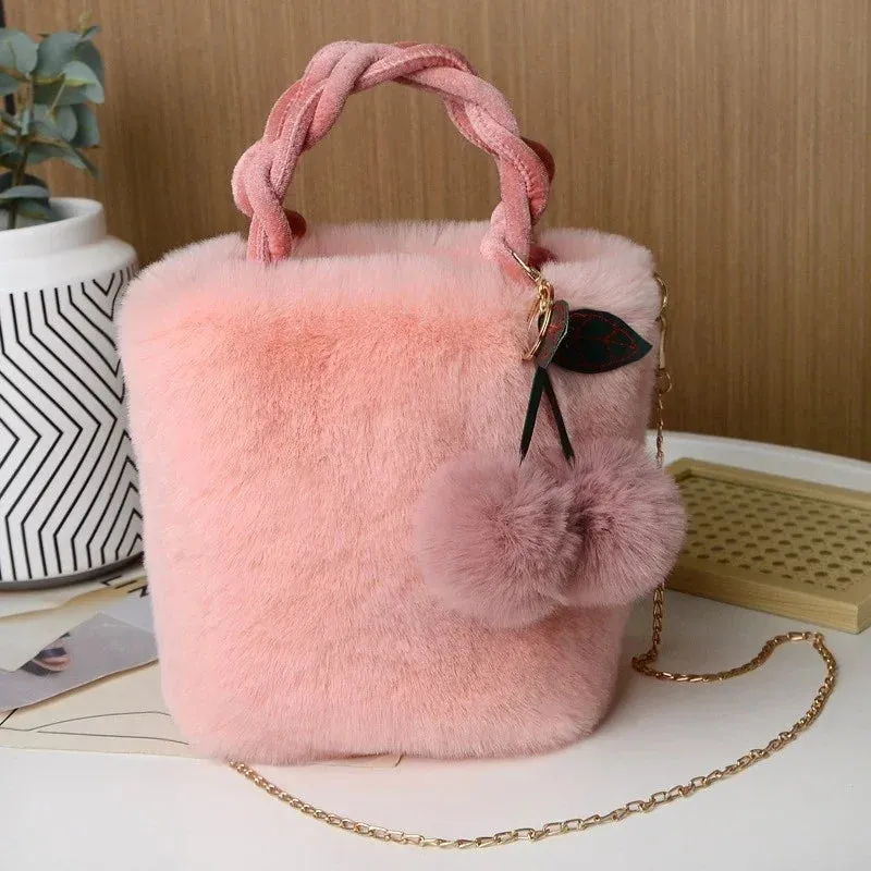 Plush Small Purses and Handbag with Pompom Faux Fur Crossbody Bags for Women Cherry Fluffy String Shoulder Bag Girl Clutch Purse