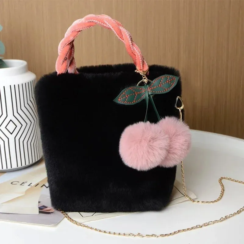 Plush Small Purses and Handbag with Pompom Faux Fur Crossbody Bags for Women Cherry Fluffy String Shoulder Bag Girl Clutch Purse