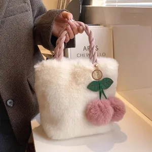 Plush Small Purses and Handbag with Pompom Faux Fur Crossbody Bags for Women Cherry Fluffy String Shoulder Bag Girl Clutch Purse