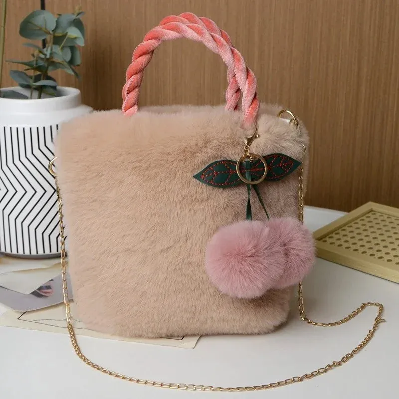 Plush Small Purses and Handbag with Pompom Faux Fur Crossbody Bags for Women Cherry Fluffy String Shoulder Bag Girl Clutch Purse