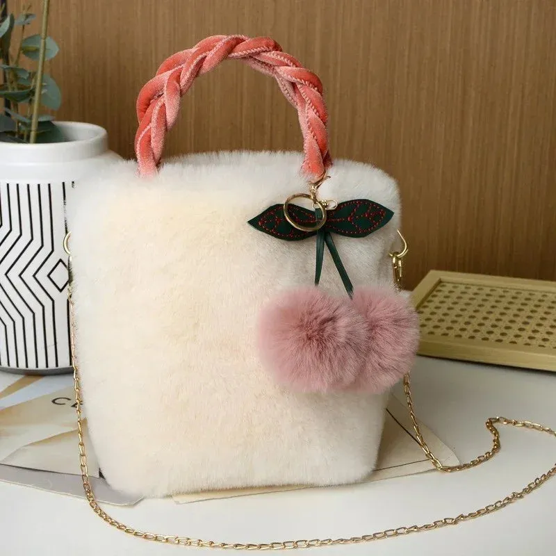Plush Small Purses and Handbag with Pompom Faux Fur Crossbody Bags for Women Cherry Fluffy String Shoulder Bag Girl Clutch Purse
