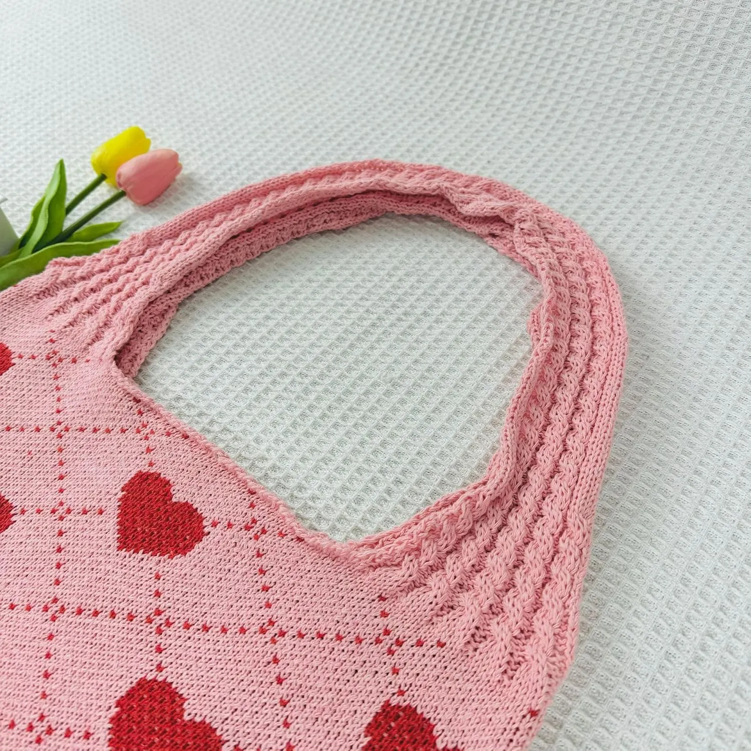 Pokn Heart Crochet Tote Bag Cute Purse for Women Cutecore Key Chain Y2K Accessories Valentines Aesthetic Handbags for Women