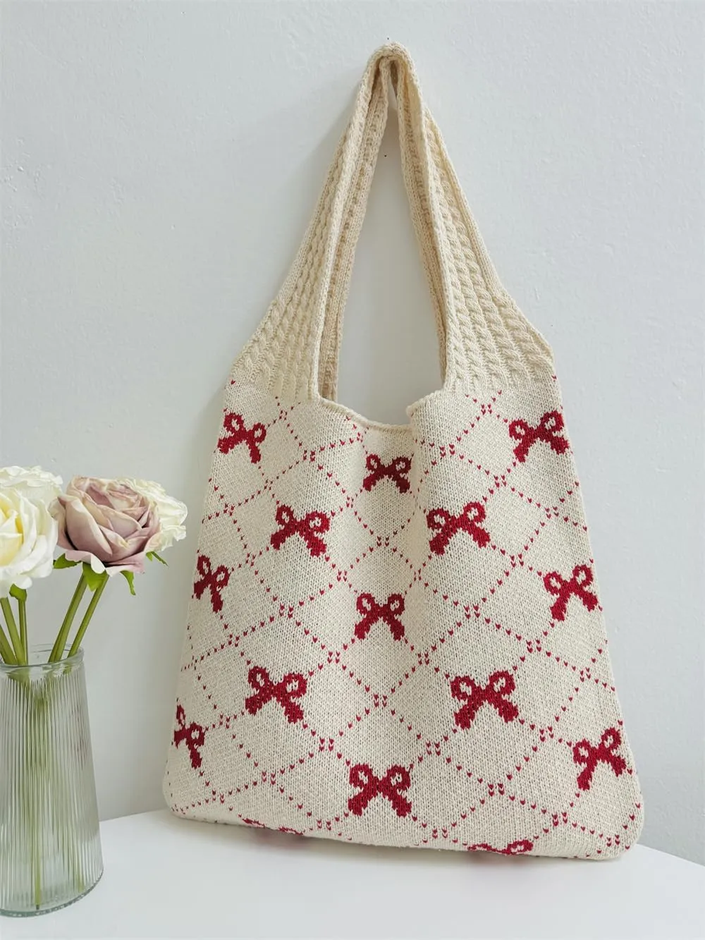 Pokn Heart Crochet Tote Bag Cute Purse for Women Cutecore Key Chain Y2K Accessories Valentines Aesthetic Handbags for Women
